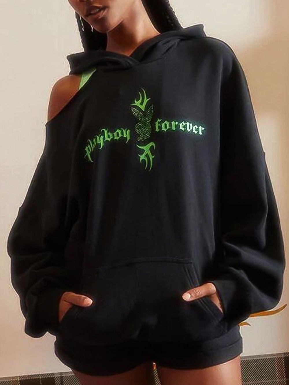 Playboy by PacSun Forever Playboy Oversized Off The Shoulder Distressed Hoodie